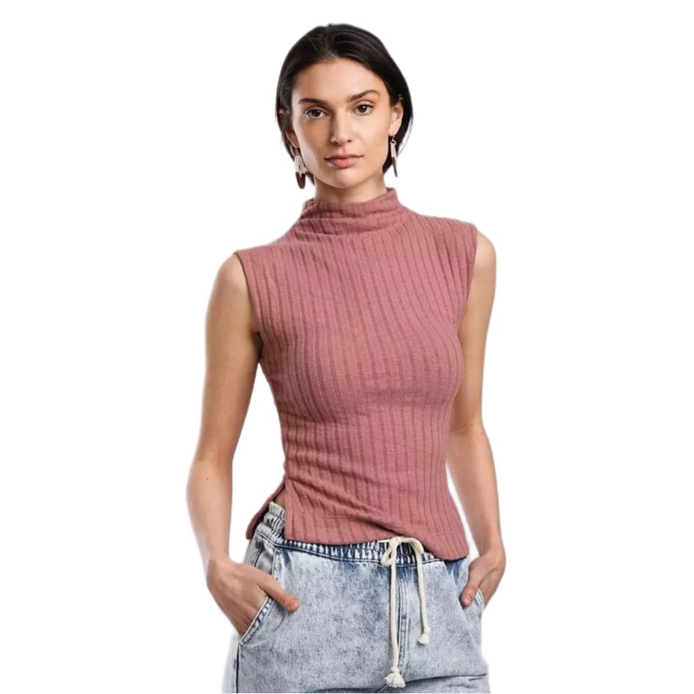 Free People Ribbed Mock Neck Sleeveless Tank in Dusty Rose
